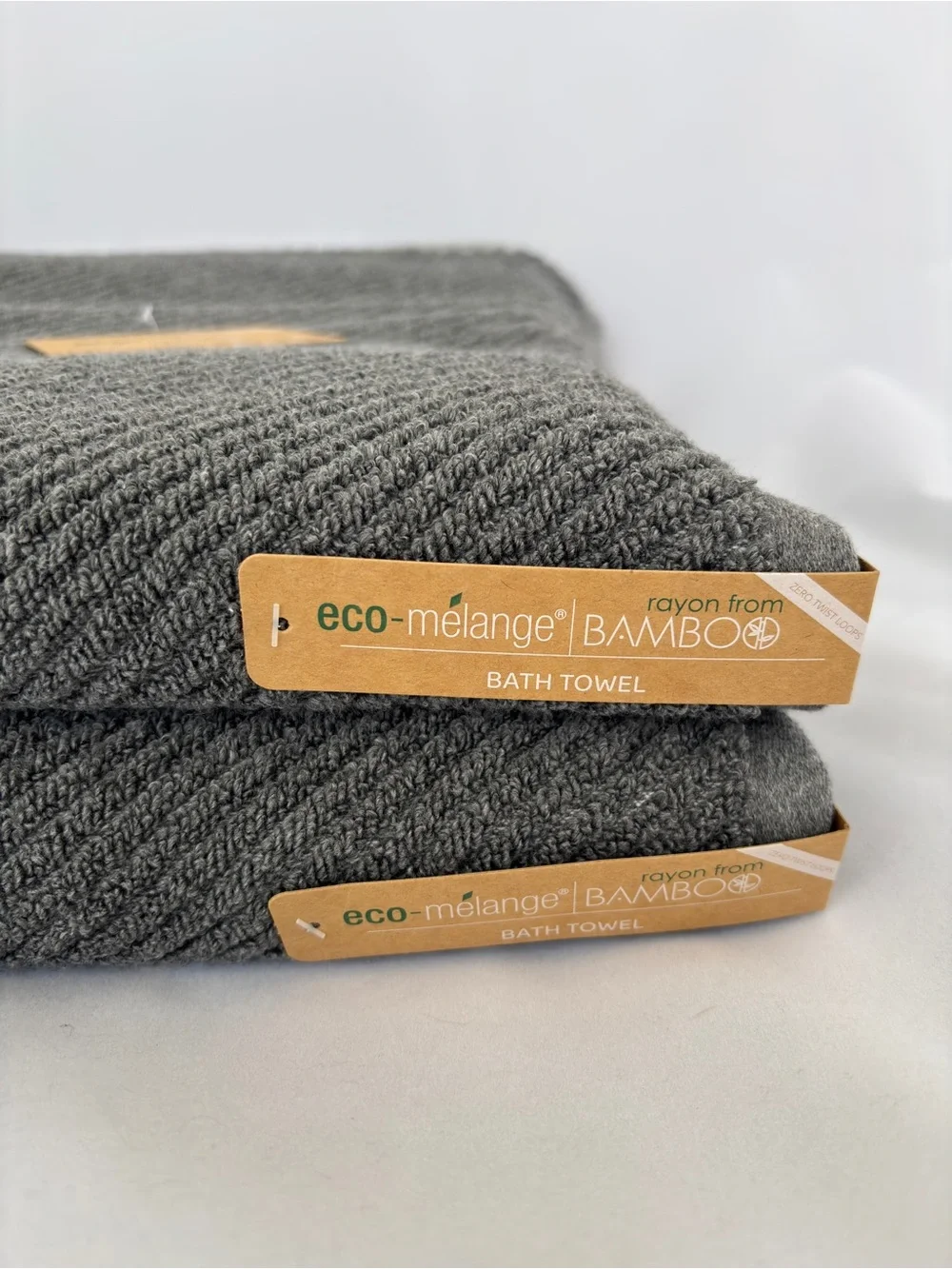 NWT 2Pc Eco-Melange Bamboo Charcoal Grey Bath Towels Diagonal Ribbed Textured